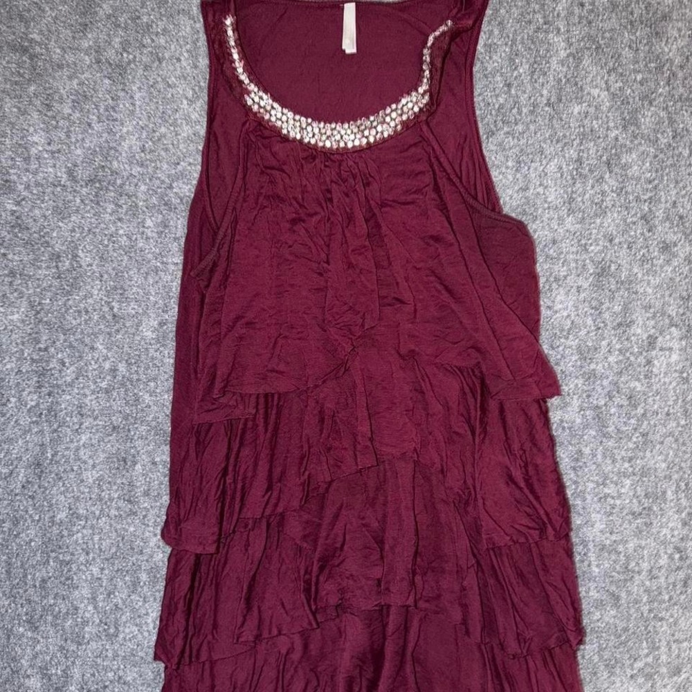 Boho Burgundy ruffle tiered tank top beaded neckline flowy festival Y2K